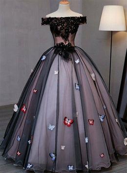 Picture of Princess Black Color Tulle off Shoulder Long Evening Dresses with Appliqués, Sweet 16 Dress